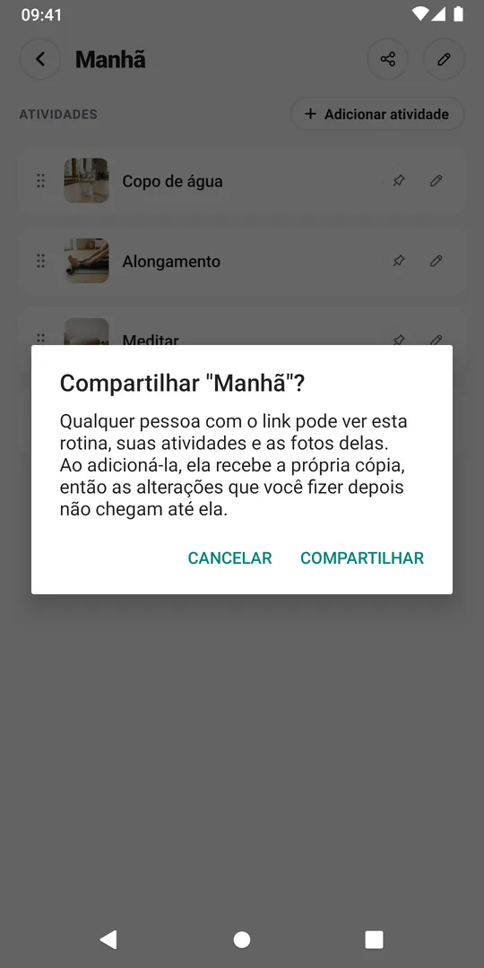 A confirmação do EasyRoutine perguntando se deseja compartilhar a rotina Manhã, com o botão Compartilhar