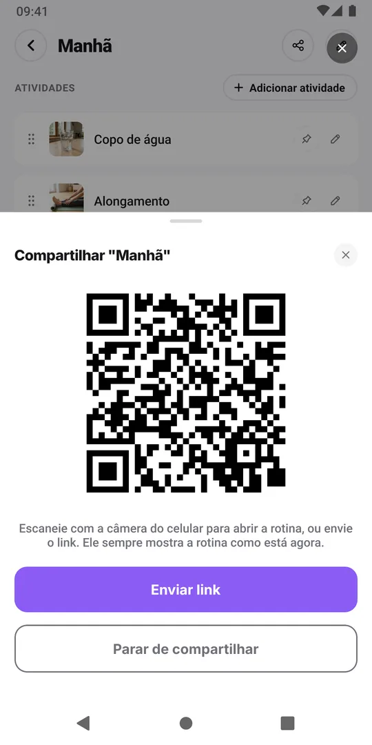 A janela de compartilhamento do EasyRoutine com o QR code da rotina, o botão Enviar link e Parar de compartilhar