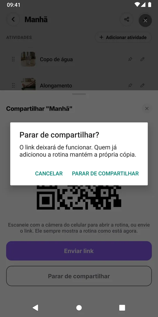 A confirmação Parar de compartilhar do EasyRoutine dizendo que o link deixará de funcionar e quem já adicionou a rotina mantém a própria cópia
