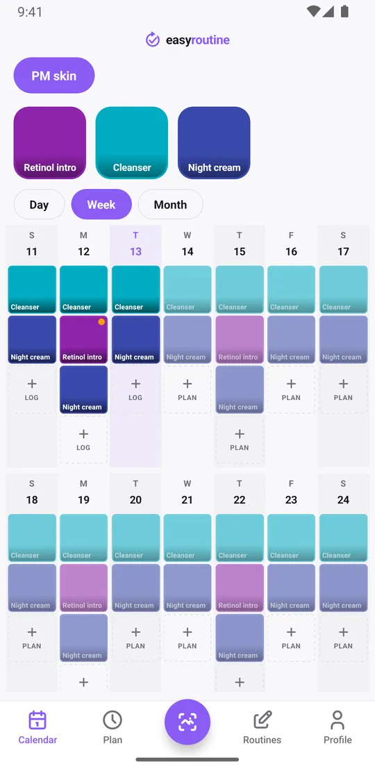 EasyRoutine week view of a PM skin routine with cleanser and night cream every evening and the retinol intro on Monday and Thursday