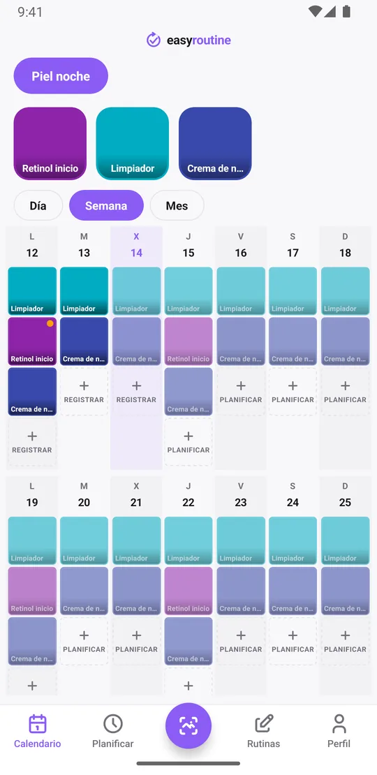 Vista semanal de EasyRoutine de una rutina Piel noche con limpiador y crema de noche cada noche y el retinol inicio lunes y jueves