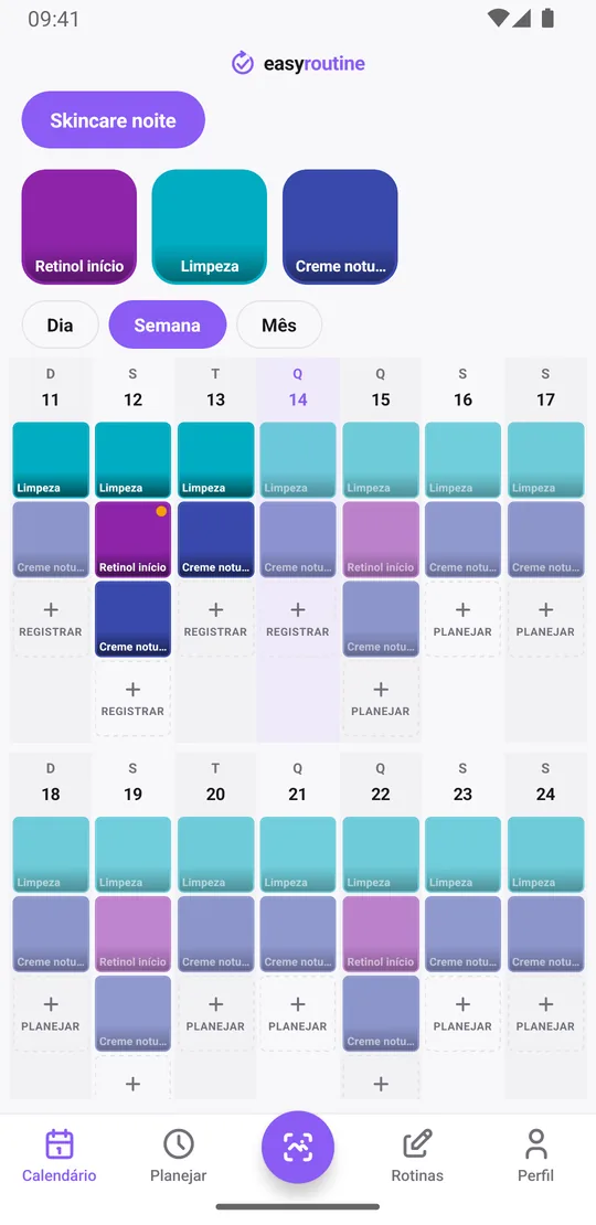 Visão semanal do EasyRoutine de uma rotina Skincare noite com limpeza e creme noturno toda noite e o retinol início na segunda e na quinta