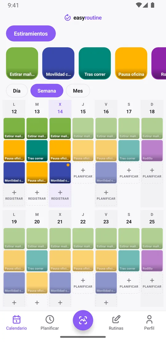 Vista semanal de EasyRoutine de una rutina Estiramientos con casillas de color para estirar mañana, movilidad cadera, tras correr, pausa oficina y rodillo, y sesiones planificadas en tono atenuado