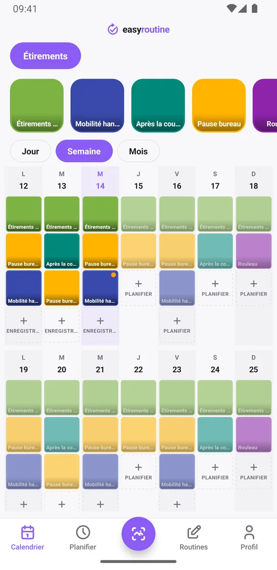 Vue semaine d'EasyRoutine d'une routine Étirements avec des tuiles de couleur pour étirements matin, mobilité hanches, après la course, pause bureau et rouleau, et des séances prévues en transparence