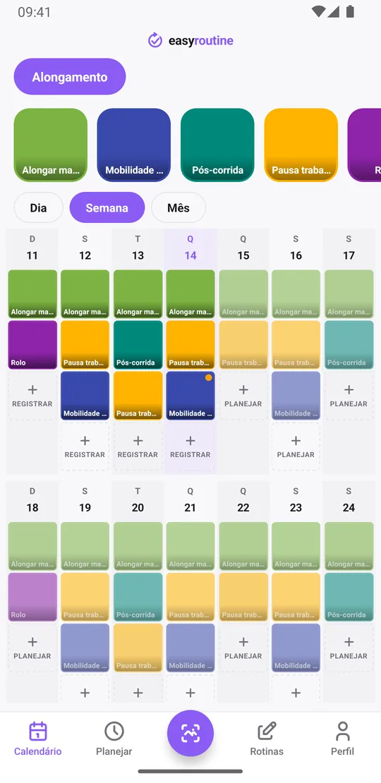 Visualização da semana do EasyRoutine com uma rotina Alongamento e blocos coloridos para alongar manhã, mobilidade quadril, pós-corrida, pausa trabalho e rolo, além de sessões planejadas esmaecidas