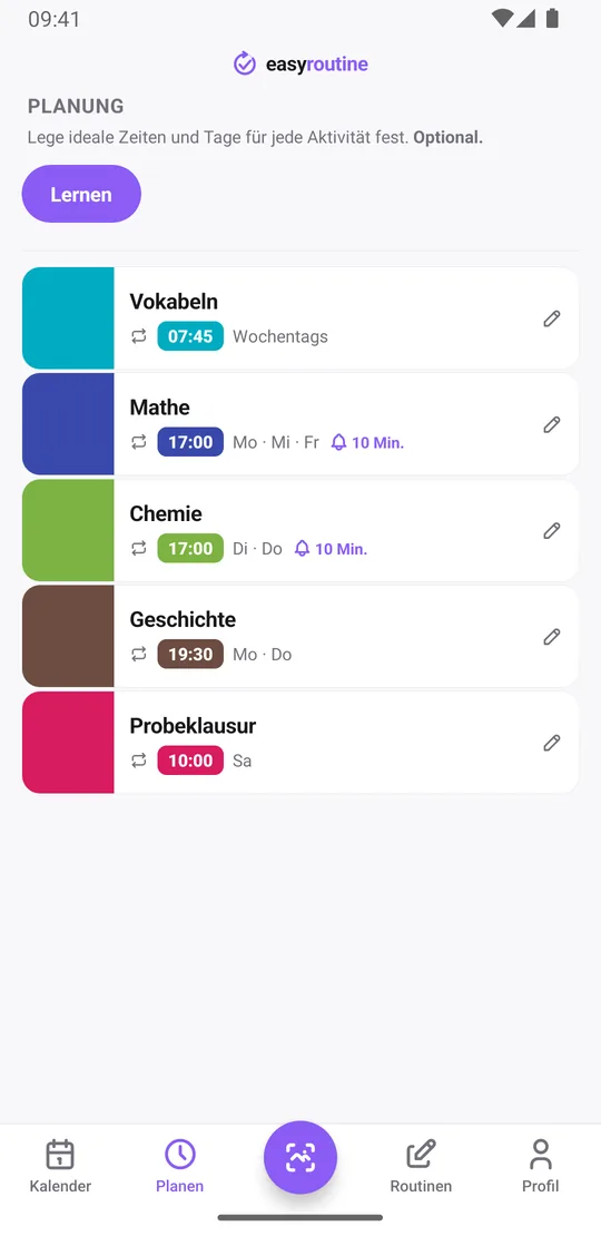EasyRoutine Tab Planen für die Routine Lernen: Vokabeln wochentags um 7:45, Mathe Montag, Mittwoch und Freitag, Chemie Dienstag und Donnerstag, Geschichte und eine Probeklausur am Samstag, dazu eine Erinnerungsglocke 10 Min. vor Mathe und Chemie