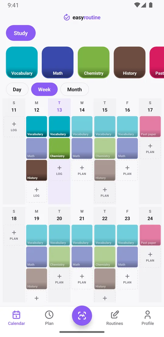 EasyRoutine week view of the Study routine with colored tiles for logged sessions per subject and faded entries for planned sessions not yet logged
