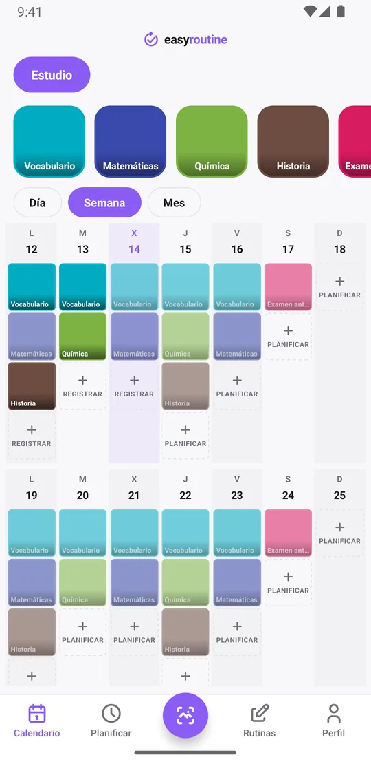 Vista semanal de EasyRoutine de la rutina Estudio con mosaicos de color para las sesiones registradas por asignatura y entradas atenuadas para las sesiones planificadas aún sin registrar