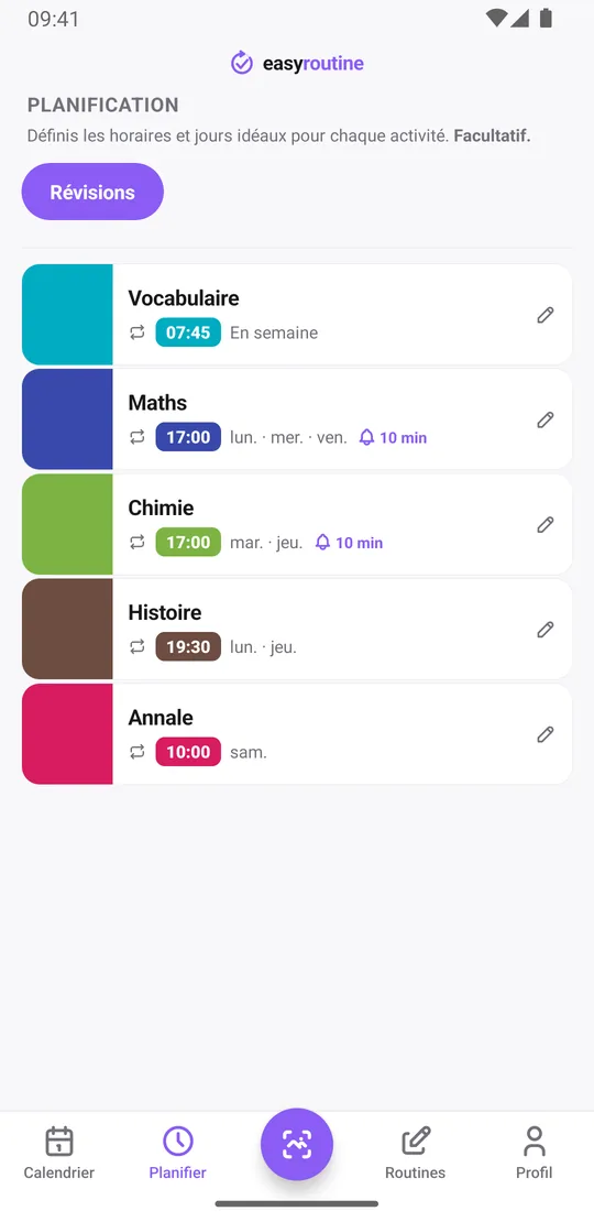 Onglet Planifier d'EasyRoutine pour une routine Révisions : vocabulaire en semaine à 7 h 45, maths lundi, mercredi et vendredi, chimie mardi et jeudi, histoire et une annale le samedi, avec une cloche de rappel 10 min avant les maths et la chimie