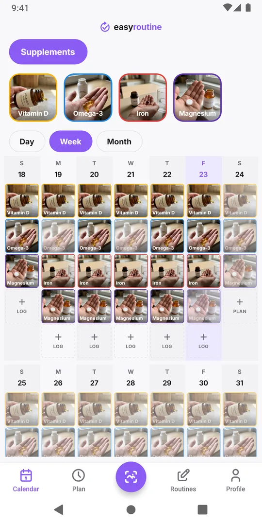 EasyRoutine week view of a Supplements routine with colored entries for vitamin D, omega-3, iron and magnesium on each day they were logged, and faded entries for doses still planned