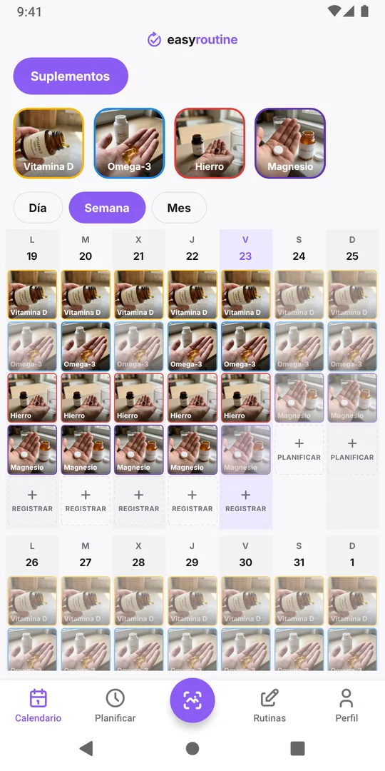 Vista semanal de EasyRoutine de una rutina Suplementos con entradas de colores para vitamina D, omega-3, hierro y magnesio en cada día en que se registraron, y entradas atenuadas para las tomas aún planificadas