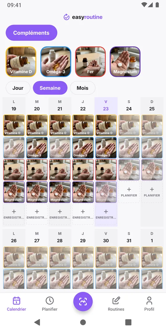Vue semaine d'EasyRoutine d'une routine Compléments avec des entrées colorées pour Vitamine D, Oméga-3, Fer et Magnésium chaque jour où elles ont été enregistrées, et des entrées en transparence pour les prises encore prévues