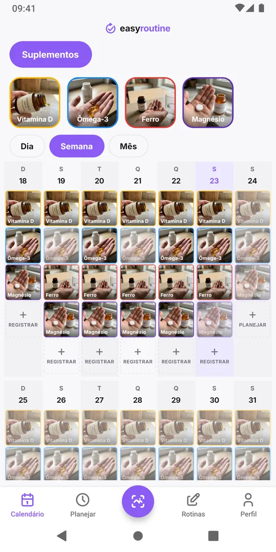 Visão semanal do EasyRoutine de uma rotina Suplementos com entradas coloridas de Vitamina D, Ômega-3, Ferro e Magnésio em cada dia em que foram registradas, e entradas apagadas para as doses ainda planejadas