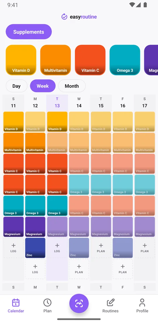 EasyRoutine week view of the Supplements routine with colored tiles for each logged supplement and faded entries for doses still planned