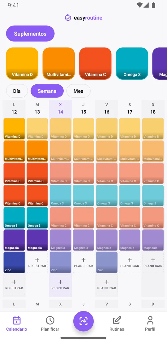 Vista semanal de la rutina Suplementos en EasyRoutine con casillas de color para cada toma registrada y entradas atenuadas para las tomas aún planificadas