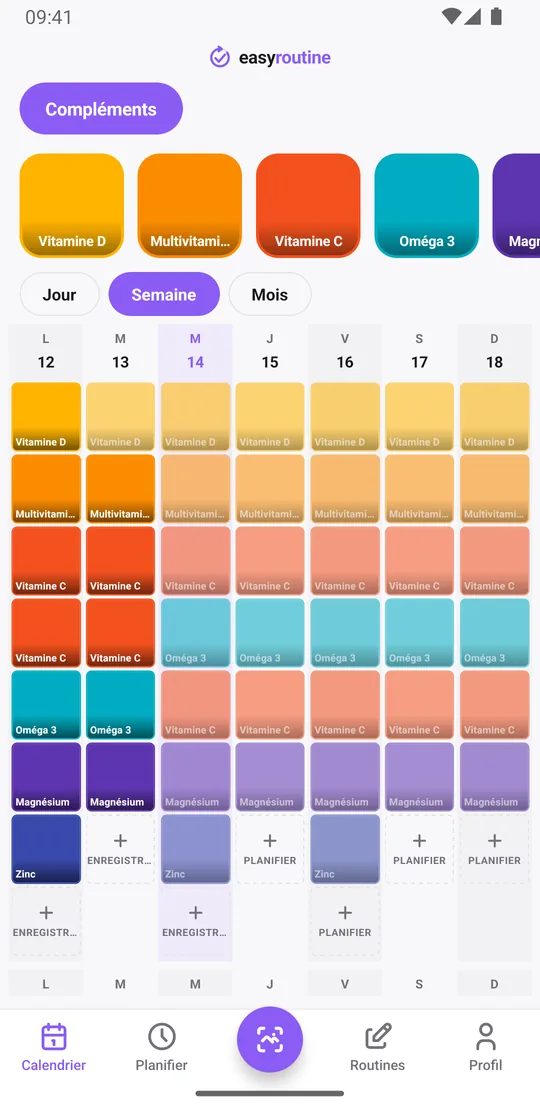 Vue semaine de la routine Compléments dans EasyRoutine avec des tuiles colorées pour chaque prise enregistrée et des entrées estompées pour les prises encore prévues