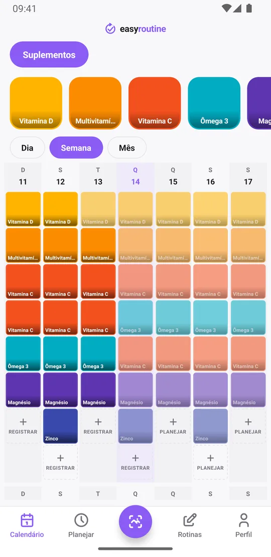 Visão semanal da rotina Suplementos no EasyRoutine com quadradinhos coloridos para cada dose registrada e entradas esmaecidas para as doses ainda planejadas