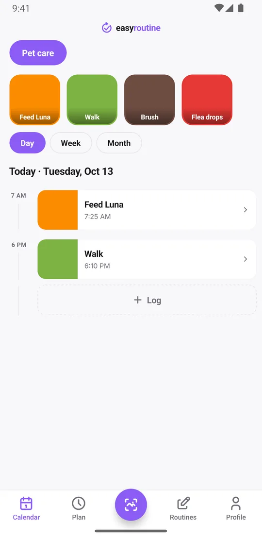 EasyRoutine day view of a Pet care routine listing the day's logs, such as feeding Luna and her walk, with their times