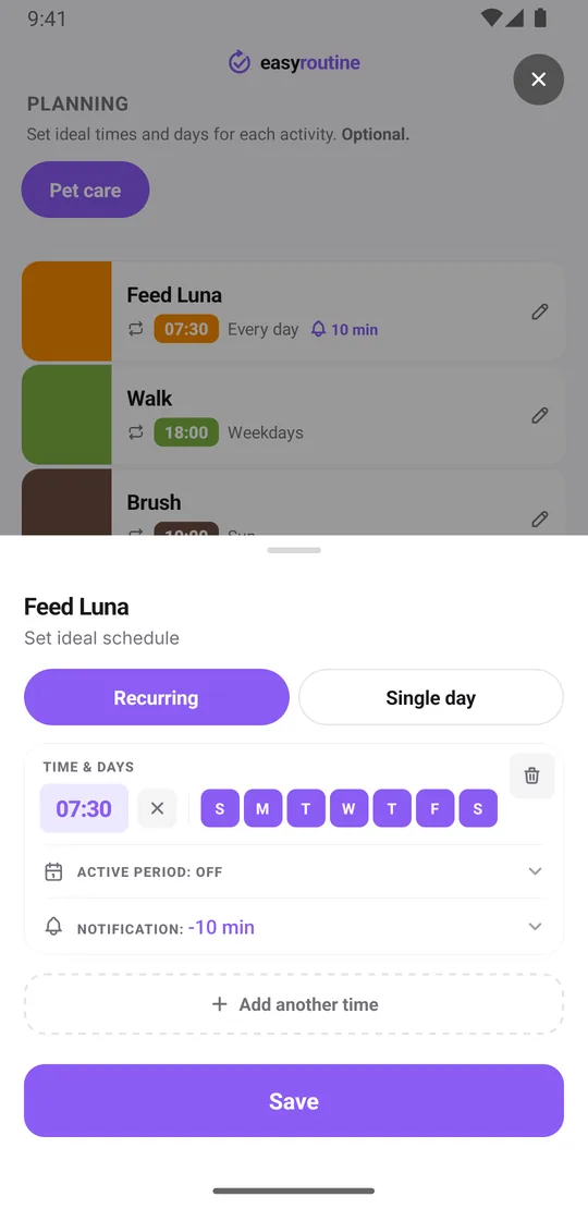 EasyRoutine schedule sheet for Feed Luna with a recurring slot every day at 7:30 and a reminder 10 minutes before