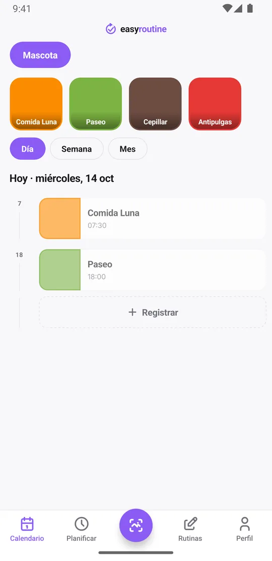 Vista diaria de EasyRoutine de la rutina Mascota con los registros del día, como la comida de Luna y su paseo, con sus horas