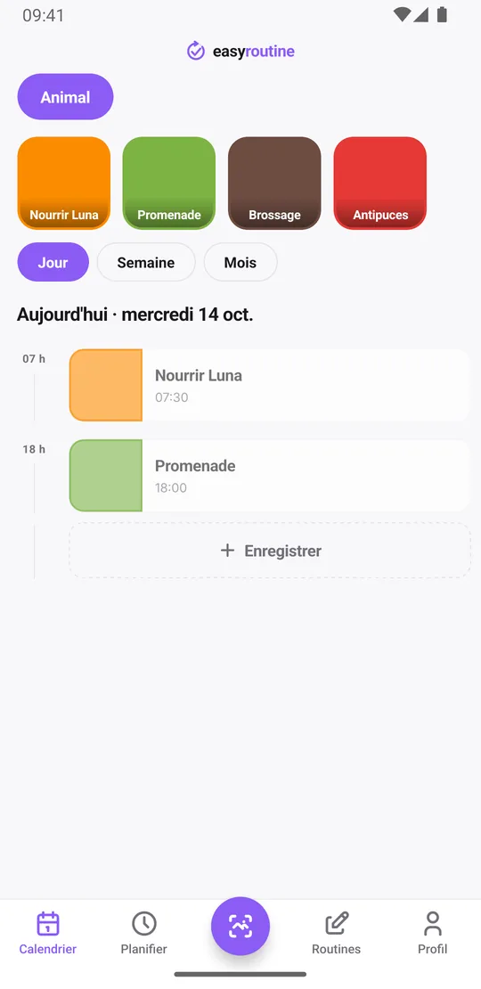 Vue jour d'EasyRoutine de la routine Animal listant les enregistrements du jour, comme nourrir Luna et sa promenade, avec leurs heures