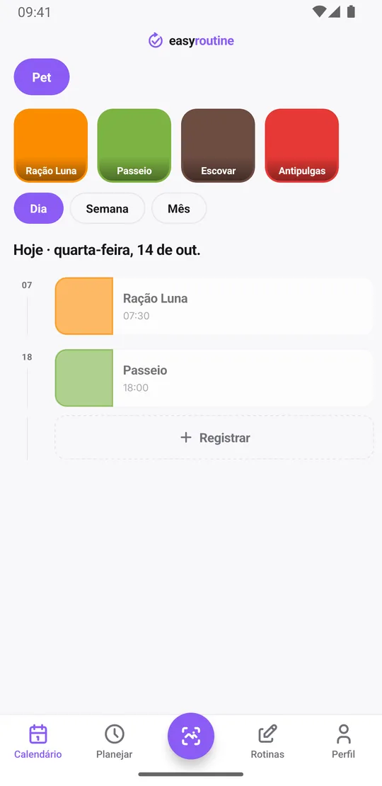 Visão diária do EasyRoutine da rotina Pet com os registros do dia, como a ração da Luna e o passeio, com seus horários