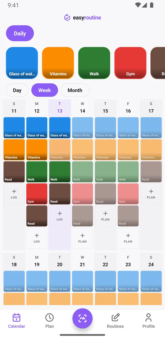 EasyRoutine week view of a Daily routine with colored tiles for water, vitamins, walk, gym and reading on the days they were logged