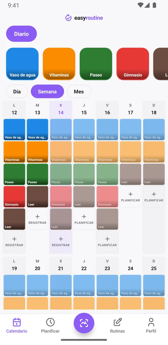 Vista Semana de EasyRoutine de una rutina Diario con recuadros de colores para agua, vitaminas, paseo, gimnasio y lectura en los días registrados