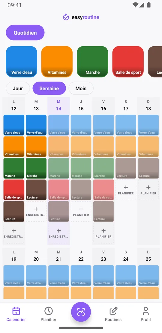 Vue Semaine d'EasyRoutine d'une routine Quotidien avec des tuiles colorées pour l'eau, les vitamines, la marche, la salle de sport et la lecture les jours enregistrés