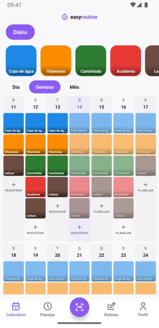 Visualização Semana do EasyRoutine de uma rotina Diário com blocos coloridos para água, vitaminas, caminhada, academia e leitura nos dias registrados