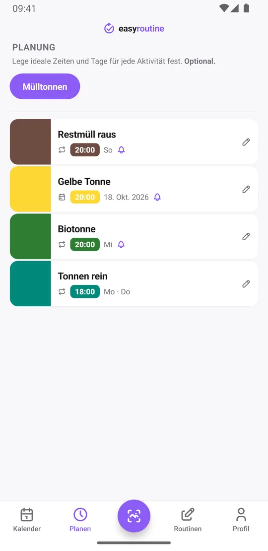 EasyRoutine-Tab Planen für die Routine Mülltonnen: Restmüll am Sonntag um 20:00, Biotonne am Mittwoch um 20:00 und Gelbe Tonne an einem einzelnen Termin um 20:00, jeweils mit Glocke für eine pünktliche Erinnerung, und Tonnen rein am Montag und Donnerstag um 18:00 ohne Erinnerung