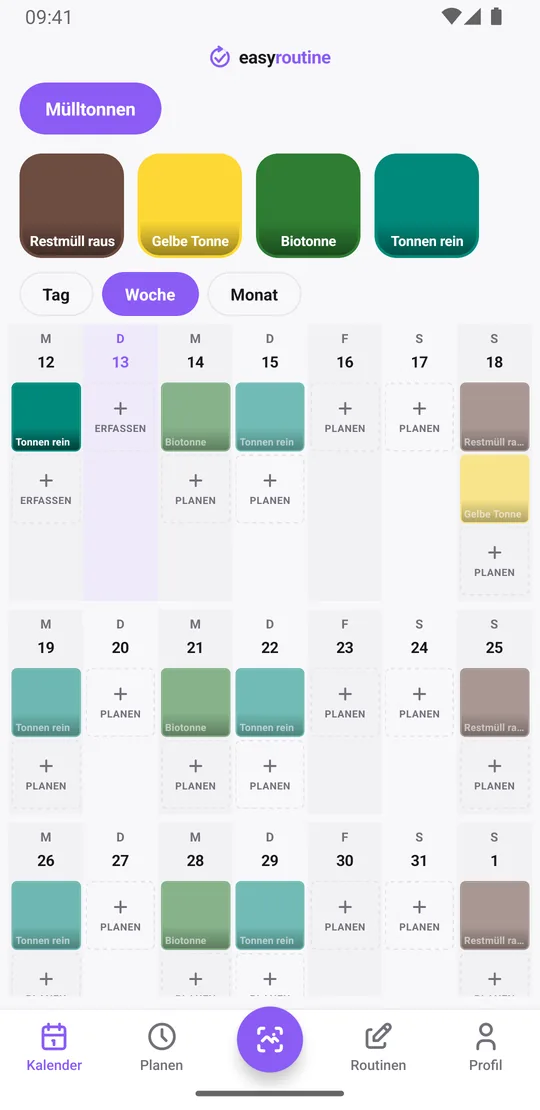EasyRoutine-Wochenansicht der Routine Mülltonnen mit kräftig gefärbten Kacheln für bereits rausgestellte Tonnen und blassen Einträgen für Tonnen, die diese Woche noch geplant sind