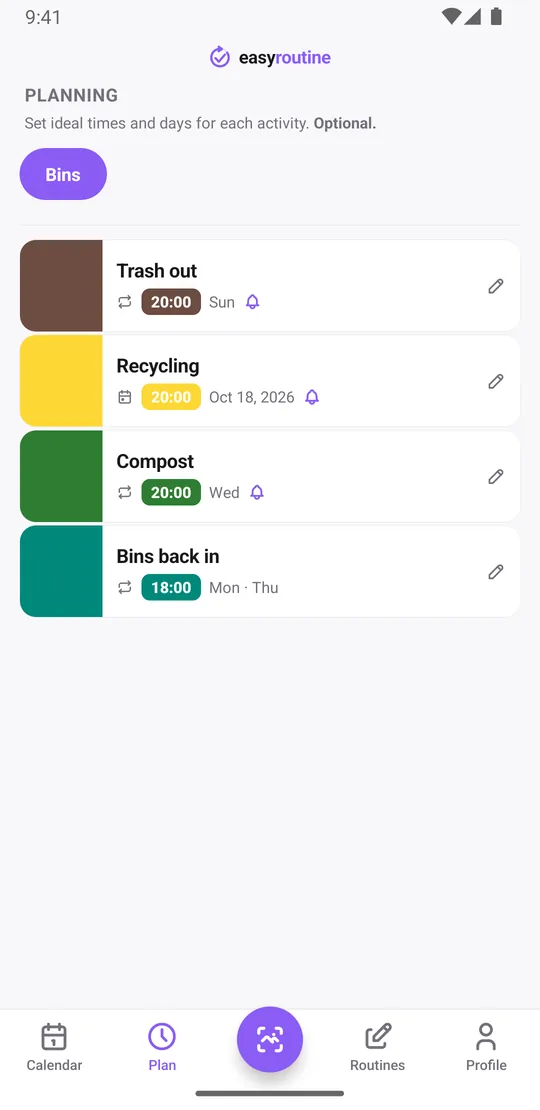 EasyRoutine Plan tab for the Bins routine: trash out on Sunday at 20:00, compost on Wednesday at 20:00 and recycling on a single date at 20:00, each with an on-time reminder bell, and bins back in on Monday and Thursday at 18:00 without a reminder