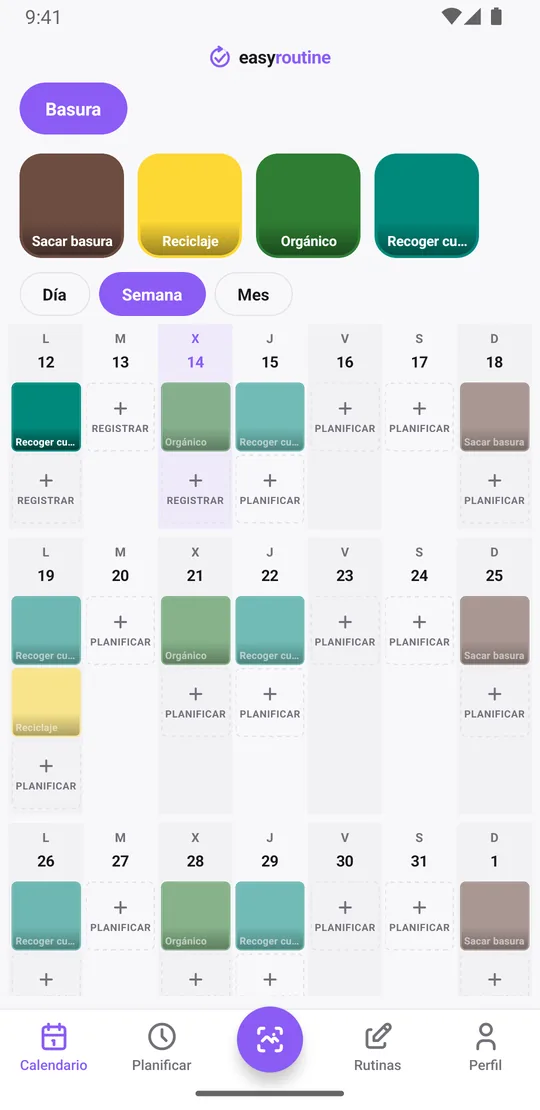 Vista semanal de EasyRoutine de la rutina Basura con tarjetas de color sólido para los cubos ya sacados y entradas atenuadas para los que siguen planificados esta semana