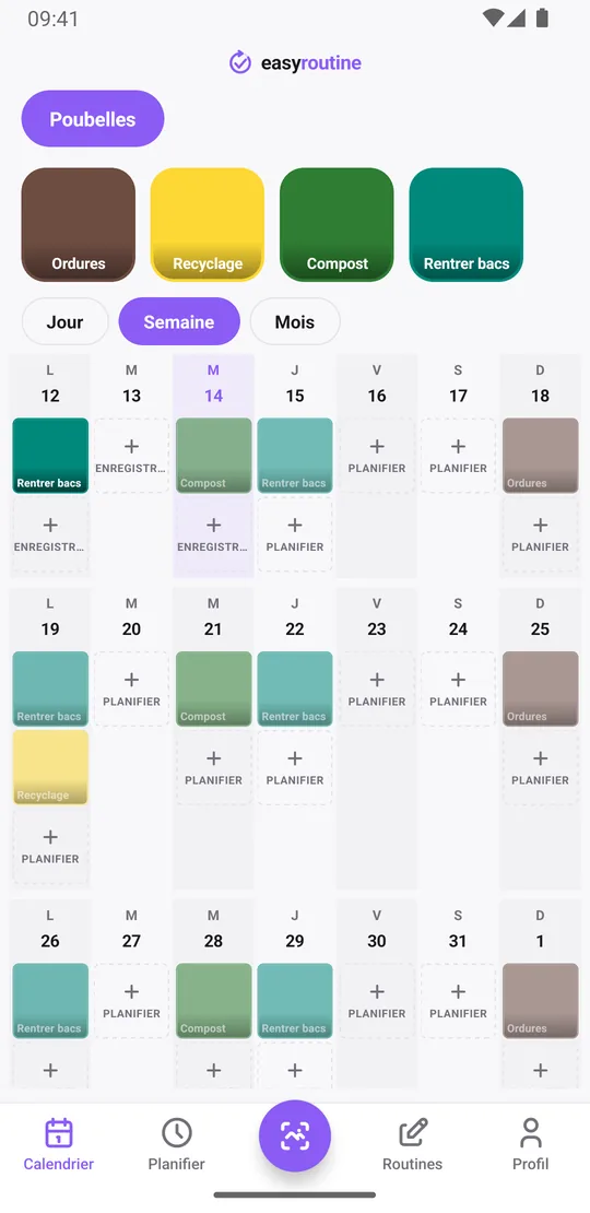 Vue semaine d'EasyRoutine de la routine Poubelles avec des vignettes en couleur pleine pour les bacs déjà sortis et des entrées en transparence pour ceux encore prévus cette semaine