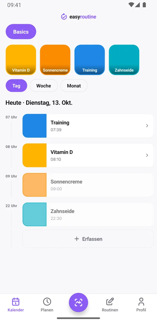 EasyRoutine Tagesansicht der Routine Basics mit den erfassten Aktivitäten des Tages, etwa Vitamin D, Sonnencreme und Training, samt Uhrzeiten