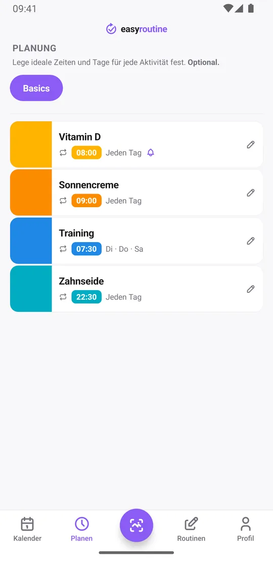 EasyRoutine Tab Planen mit der Routine Basics: Vitamin D, Sonnencreme und Zahnseide jeden Tag, Training dienstags, donnerstags und samstags, dazu eine Erinnerungsglocke bei Vitamin D