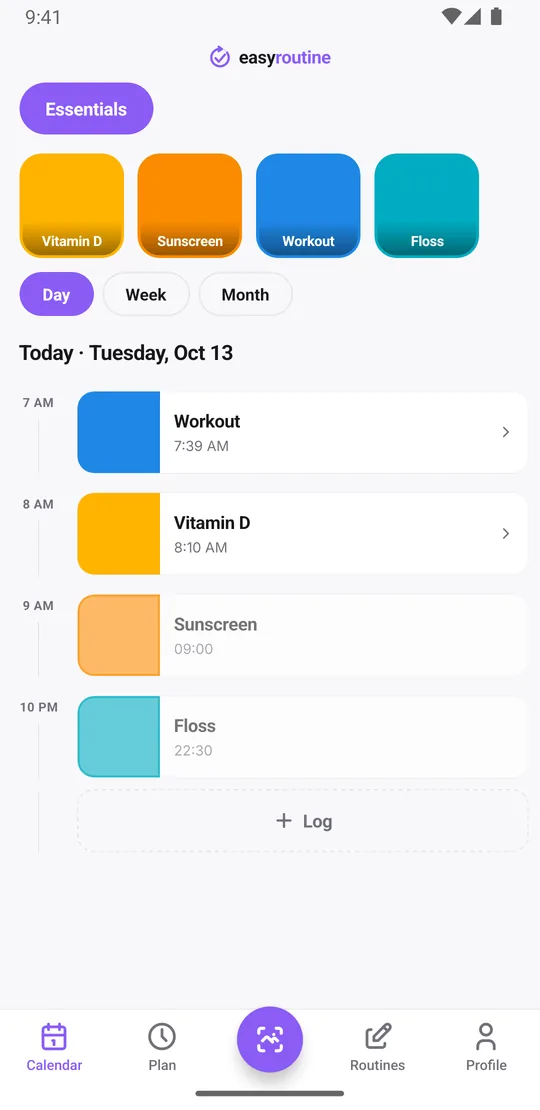 EasyRoutine day view of the Essentials routine listing the day's logged activities, such as vitamin D, sunscreen and a workout, with their times