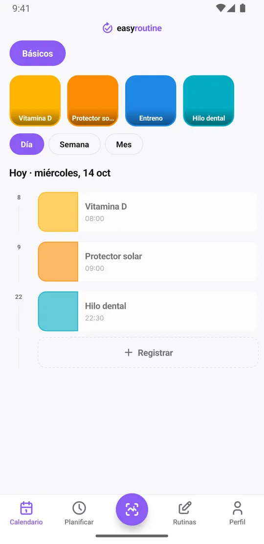 Vista diaria de EasyRoutine de la rutina Básicos con las actividades registradas del día, como vitamina D, protector solar y entreno, con sus horas