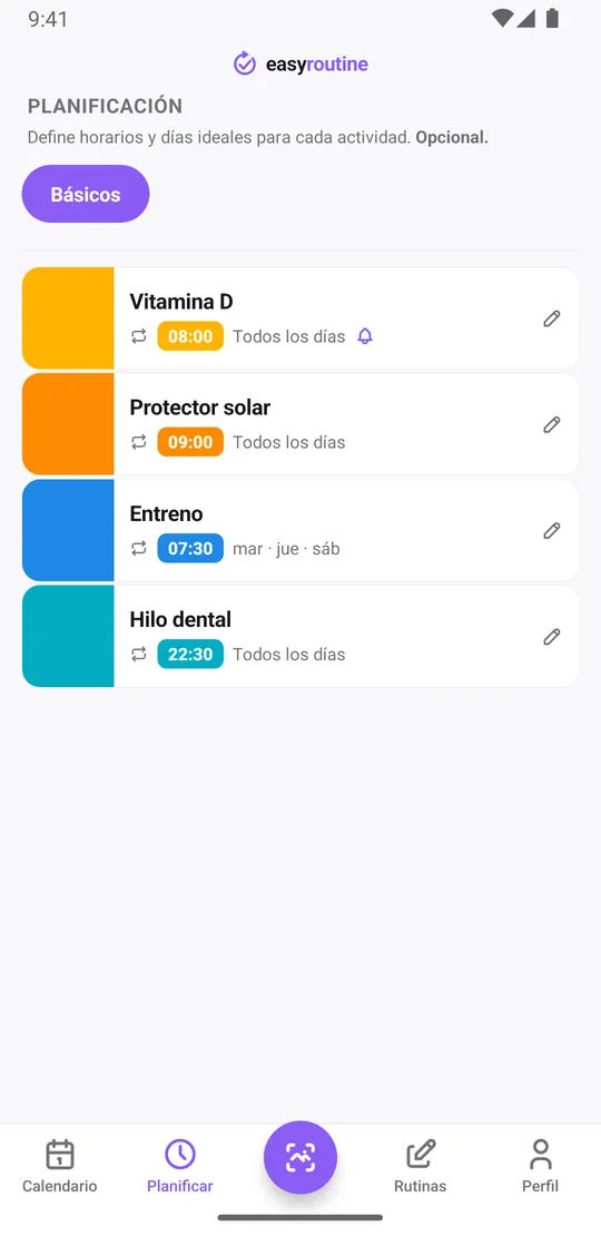 Pestaña Planificar de EasyRoutine con la rutina Básicos: vitamina D, protector solar e hilo dental todos los días, entreno martes, jueves y sábado, con una campana de aviso en la vitamina D