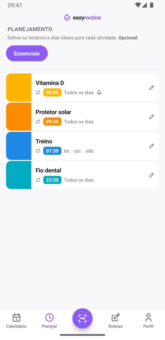 Aba Planejar do EasyRoutine com a rotina Essenciais: vitamina D, protetor solar e fio dental todos os dias, treino terça, quinta e sábado, com um sino de lembrete na vitamina D