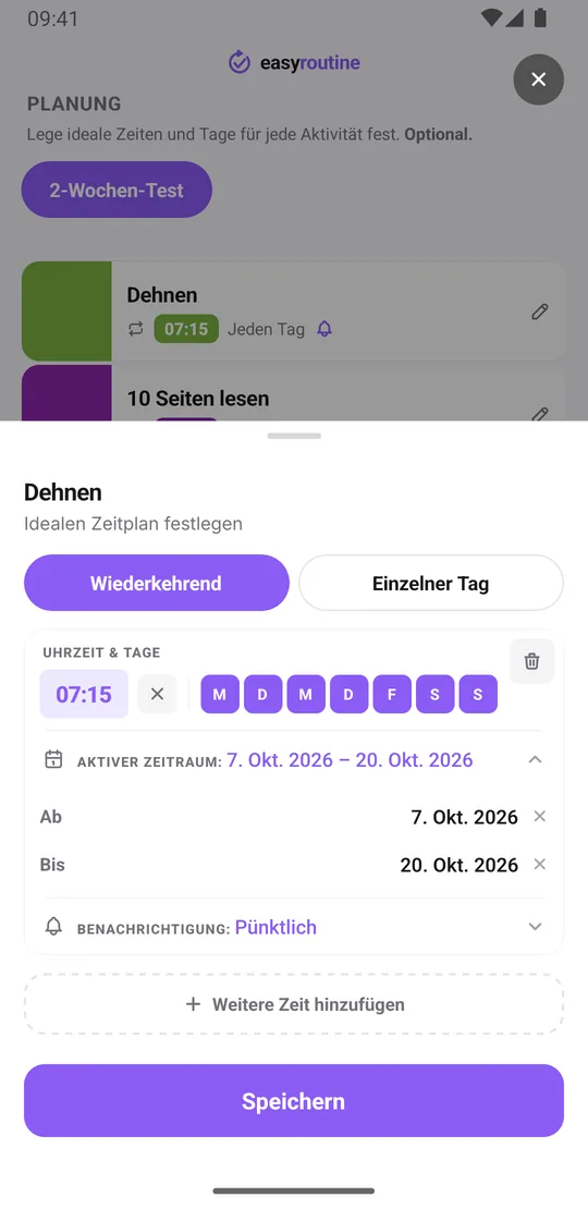 Zeitplan-Fenster für Dehnen in EasyRoutine, Reiter Wiederkehrend: 07:15 an allen sieben Tagen, ein aktiver Zeitraum von 14 Tagen und die Benachrichtigung auf Pünktlich