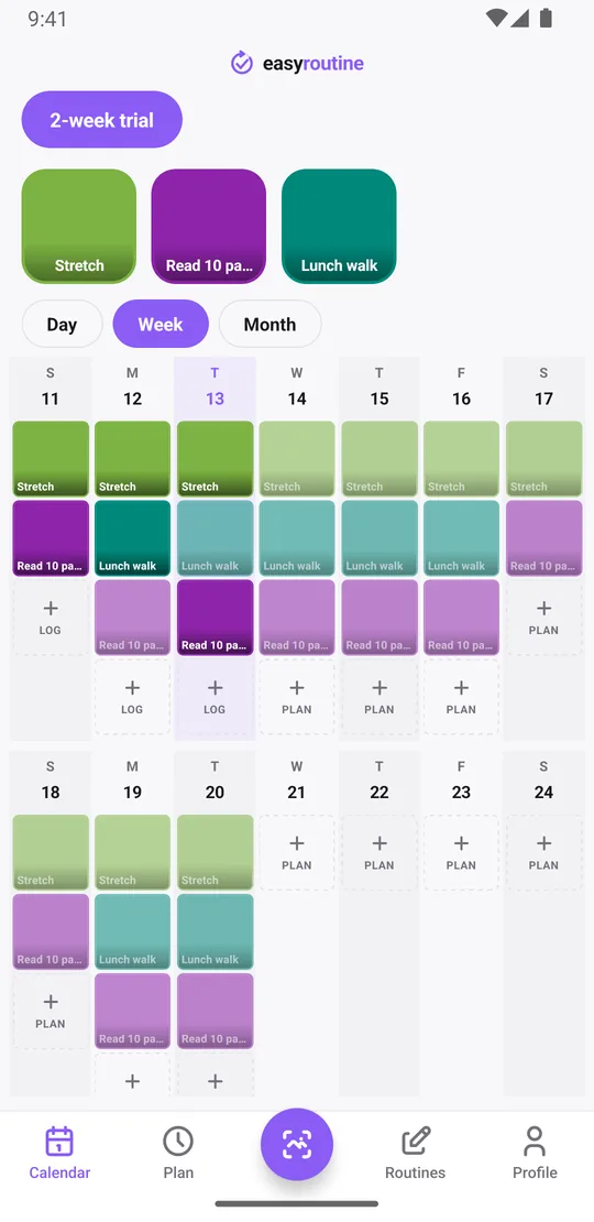 EasyRoutine week view of the 2-week trial routine with colored tiles on the days each habit was logged and faded entries for days it was planned but not logged