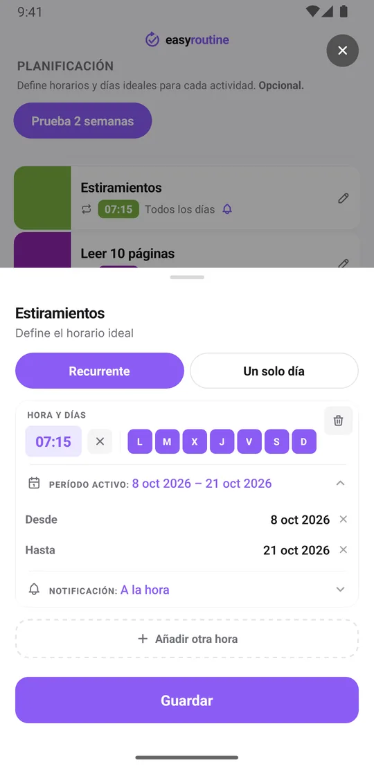 Hoja de horario de Estiramientos en EasyRoutine, pestaña Recurrente: 07:15 los siete días, un período activo de 14 días y la notificación en A la hora