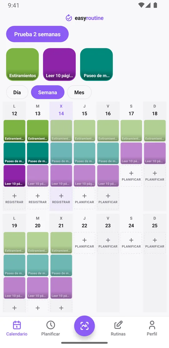 Vista semanal de la rutina Prueba 2 semanas en EasyRoutine con casillas de color en los días en que se registró cada hábito y entradas atenuadas en los días planificados sin registrar