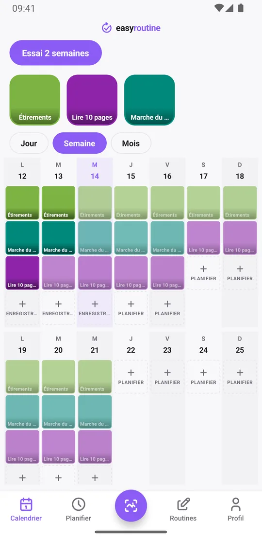 Vue semaine de la routine Essai 2 semaines dans EasyRoutine avec des tuiles colorées les jours où chaque habitude a été enregistrée et des entrées estompées pour les jours prévus mais non enregistrés
