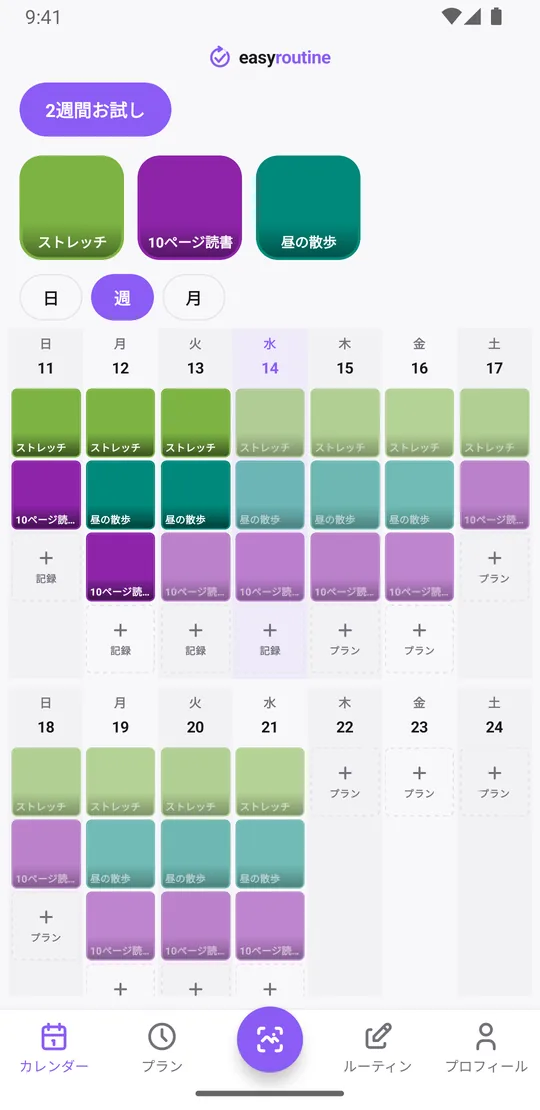 EasyRoutineの2週間お試しのルーティンの週表示。各習慣を記録した日は色付きタイル、予定していたのに記録しなかった日は薄い表示