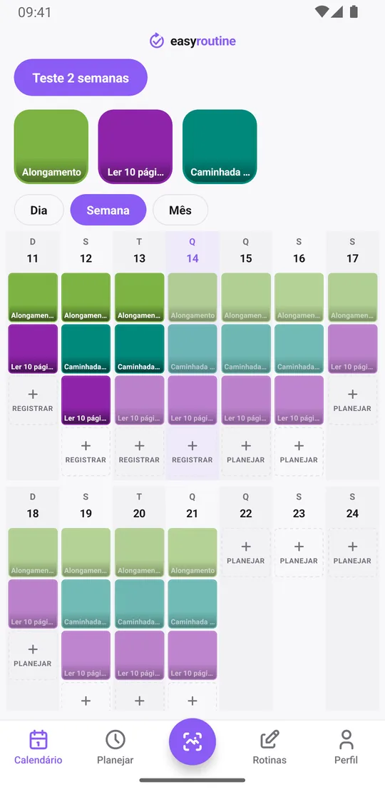 Visão semanal da rotina Teste 2 semanas no EasyRoutine com quadradinhos coloridos nos dias em que cada hábito foi registrado e entradas esmaecidas nos dias planejados sem registro