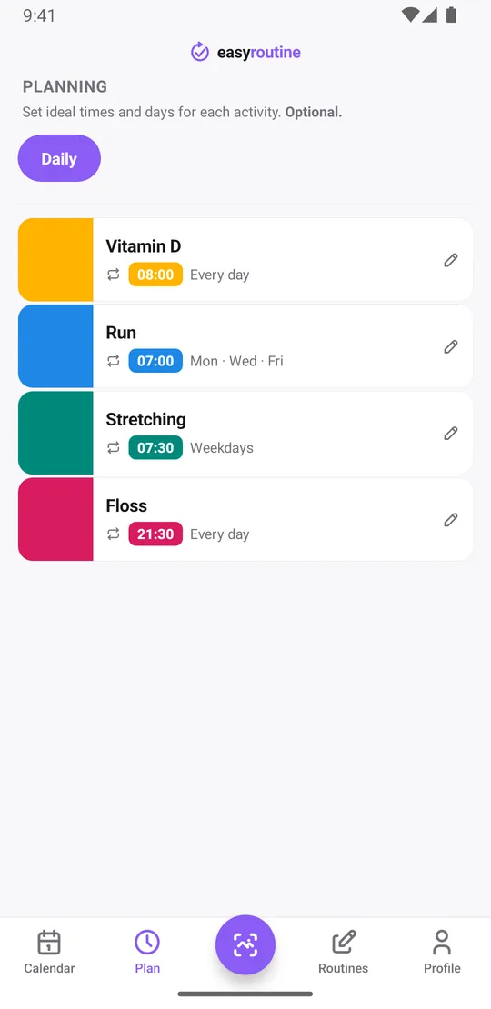 EasyRoutine Plan tab listing the Daily routine's activities with their weekdays and times