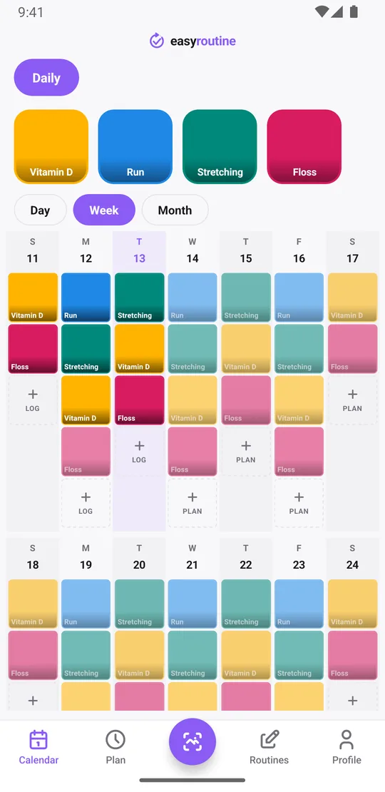 EasyRoutine week view of a Daily routine with colored tiles for each logged activity and faded entries for planned ones not yet logged